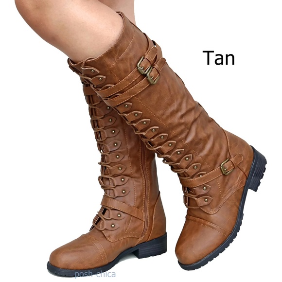 Shoes - New Tan Combat Military Lace Up Knee High Boots